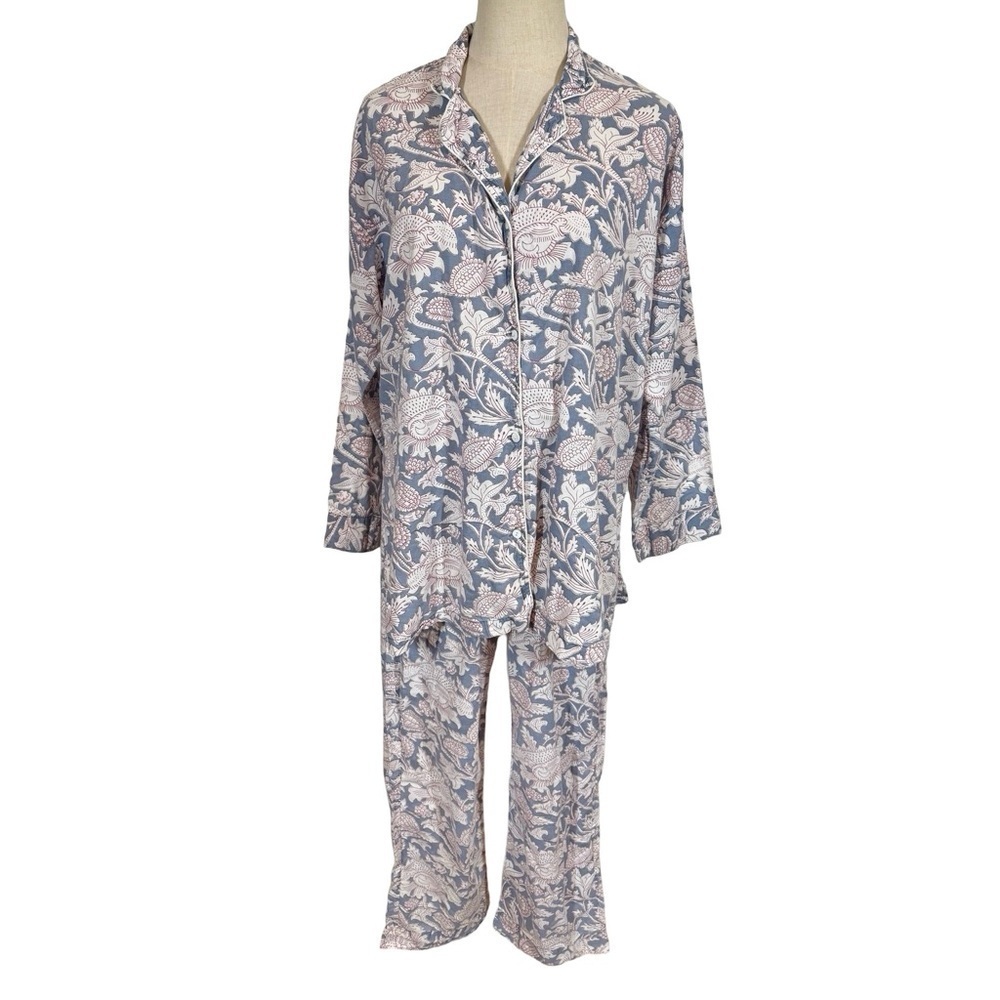 Pax Philomena Laura Floral Gray Block Print Long Sleeve Pajamas Set